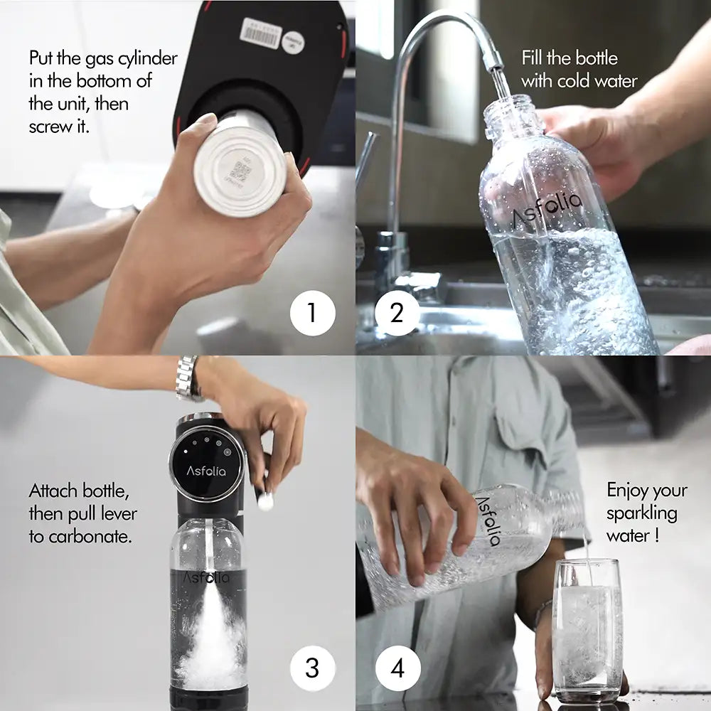 LED carbonator use guide: First Put the gas cylinder in the bottom of the unit, then screw it. Then Fill the bottle with cold water. Attach bottle, then pull lever to carbonate. Enjoy your sparkling water!