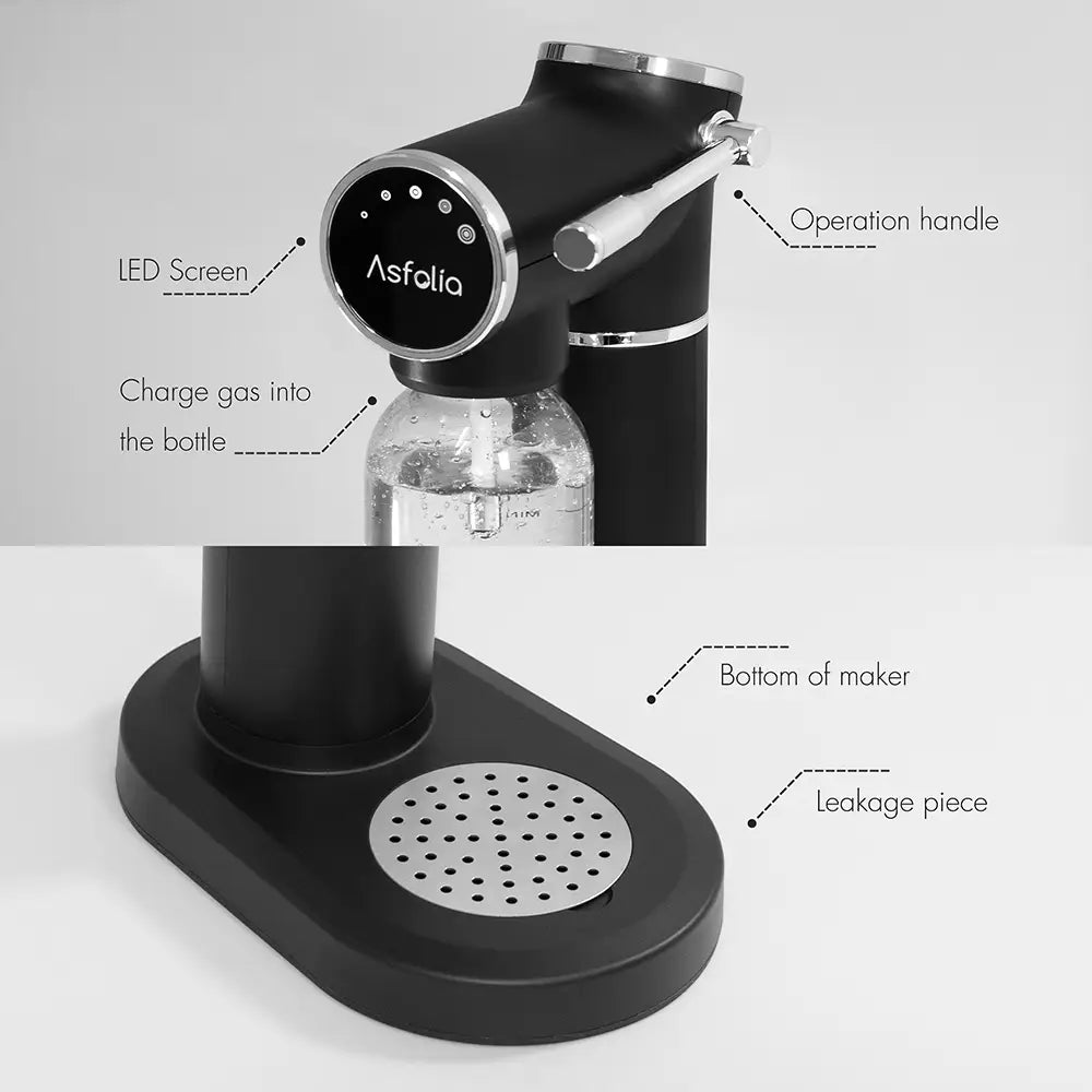 Details of the led sparkling water maker include: LED Screen, Charge gas into the bottle, Operation handle, Bottom of maker, Leakage piece.