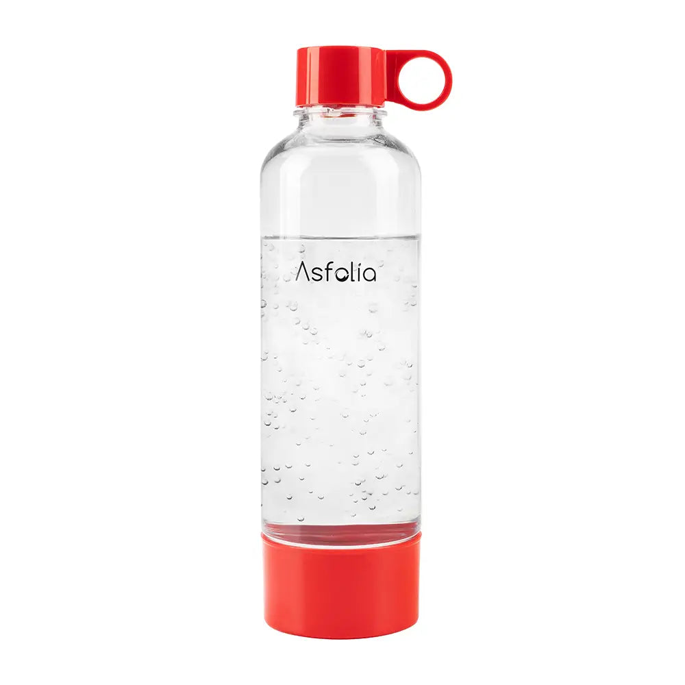 Asfolia's Bush red portable sparkling water bottle and water bottle cap.#color_red