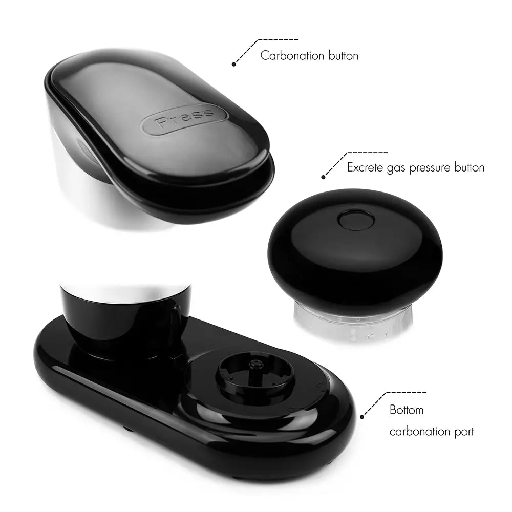 Details of the carbonation port, carbonation button and water bottle exhaust button at the bottom of the Oakleaf sparkling water maker.